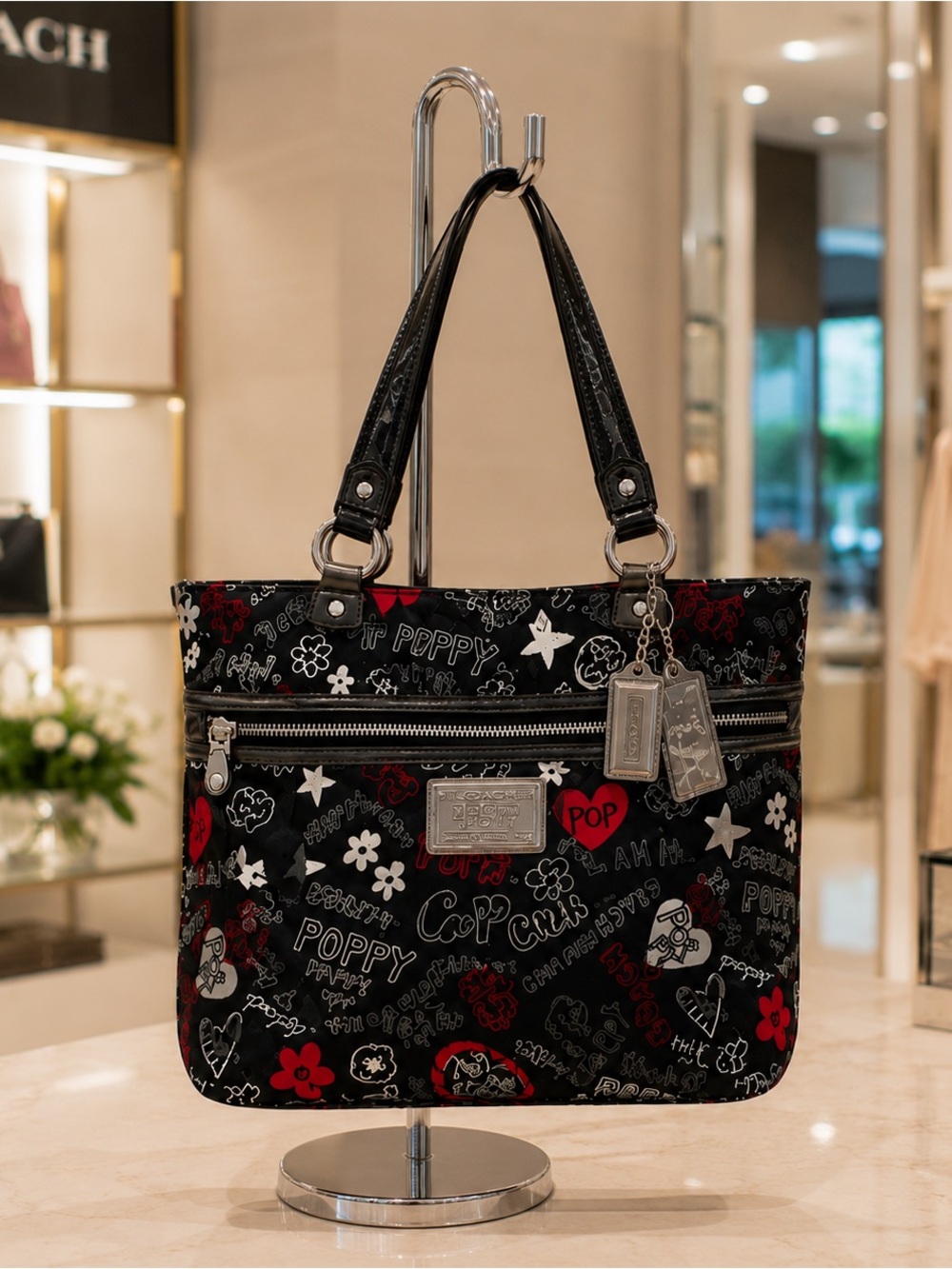 Coach Poppy 2010 Graffiti Glam Tote Shoulder Bag Black Red Silver Style 13852 - Picture 2 of 16